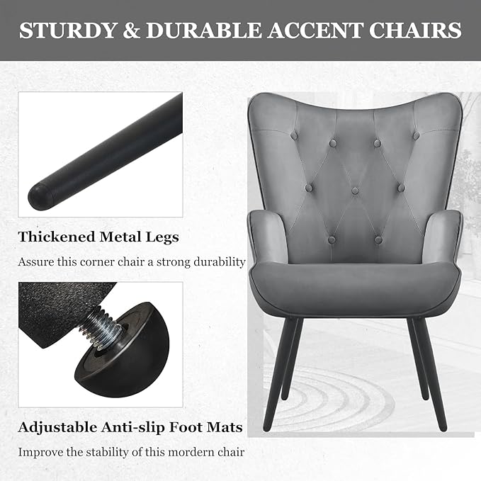 Furnimart Grey Velvet Accent Chair Mid Century Modern Living Room Chairs; Comfy Armchair Leisure Vanity Guest Wingback Chair for Office Study Vanity Bedroom Waiting Room