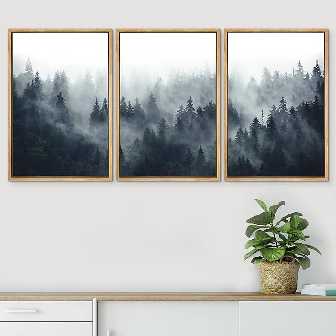 SIGNWIN Framed Canvas Print Wall Art Woodland Nursery Decor Set Misty Mountain Range Pine Tree Forest Nature Realism Decorative Rustic Chic for Living Room, Bedroom, Office - 24"x36"x3 Natural