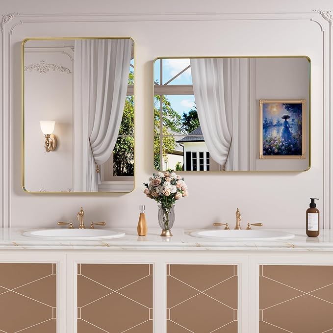 Gold Bathroom Mirror, 24x36 Inch Brushed Gold Metal Frame Mirror for Wall, Rounded Rectangle Bathroom Vanity Mirror, Tempered Glass, Anti-Rust, Horizontal/Vertical