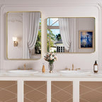 Gold Bathroom Mirror, 22x30 Inch Brushed Gold Metal Frame Mirror for Wall, Rounded Rectangle Bathroom Vanity Mirror, Tempered Glass, Anti-Rust, Horizontal/Vertical