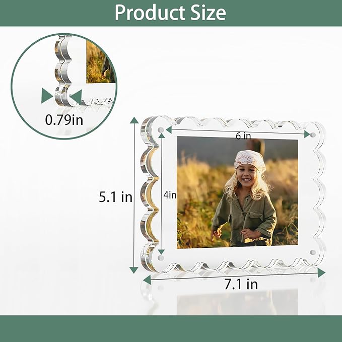 Opps Acrylic Picture Frame 4x6: 3 Pack Magnetic Picture Frames, Cute Wavy Double Sided Photo Frame, Clear Scalloped Picture Frame for Home Decor Display