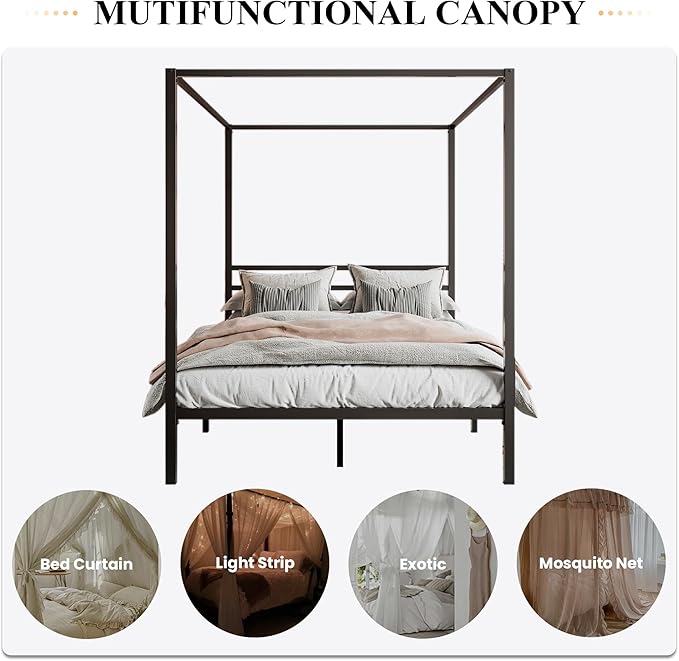 SHA CERLIN Canopy Bed Frame Queen Size/Mattress Foundation with Metal Slats Support/No Box Spring Needed/Easy Assembly/Black