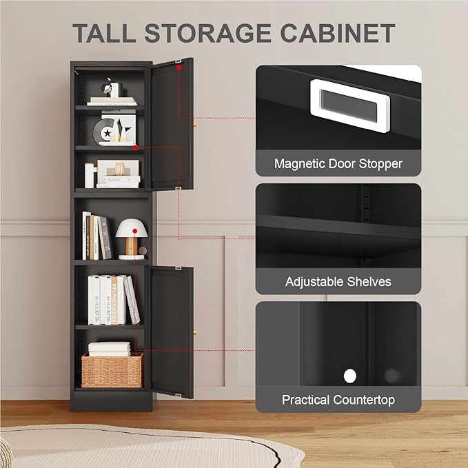 67" Tall Bathroom Storage Cabinet, Narrow Metal Floor Cabinet with 2 Doors and Adjustable Shelves, Freestanding Metal Locker for Laundry, Kitchen, Dining Room