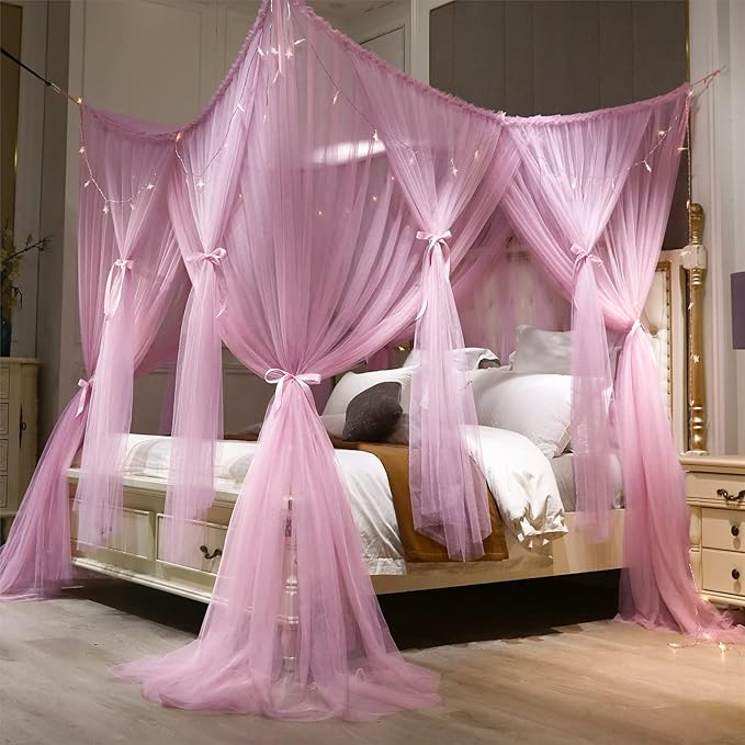 VETHIN 4 Corners Post Princess Bed Canopy Curtain Double Layer Cozy Drape Netting 4 Opening Mosquito Net for Girls & Adults Bedroom Decoration Accessories (Double Pink, 59" W*82" L*82"*H/(Queen))