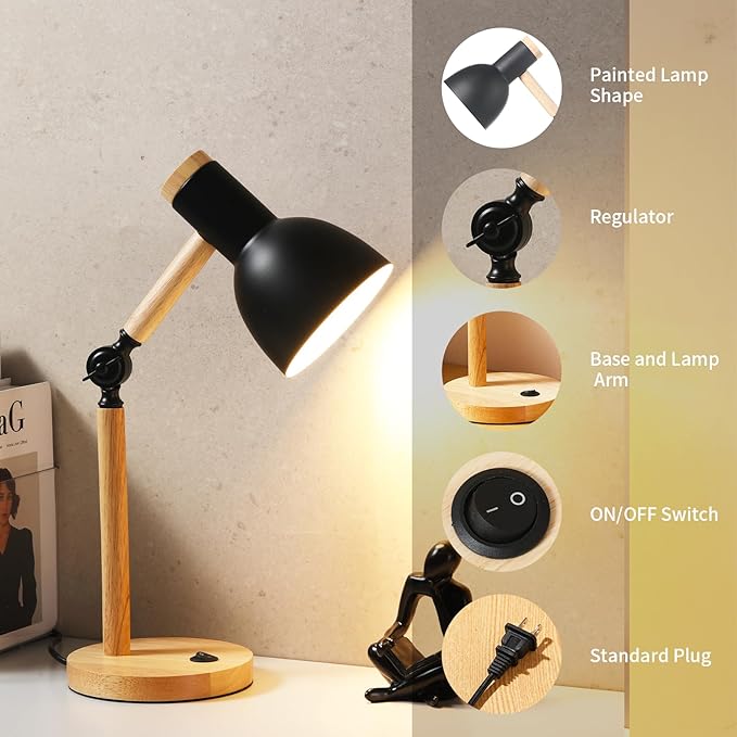 Small Wooden Desk Lamp,Adjustable tri-Color Kids Table Lamp,Desk Lamp for Home Office,Bedside lamp,Dorm lamp(Black)