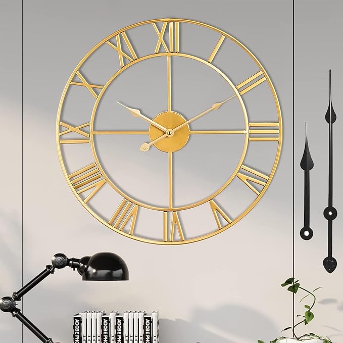 1st owned Large Wall Clock Silent Non-Ticking Roman Numerals Vintage Battery Operated (24 inch,18inch,16inch) Farmhouse Wall Clock for Living Room, Bedroom, Kitchen, Cafe Decor-Gold 40CM
