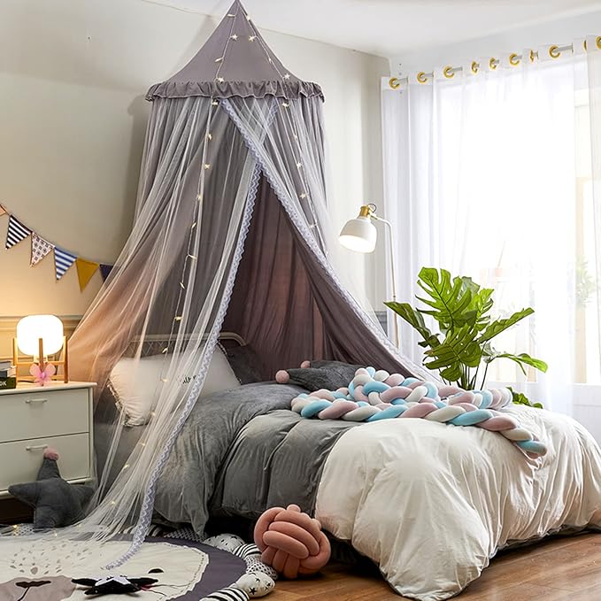 VETHIN Bed Canopy for with Lights,Double Layer Princess Round Dome Dreamy Mosquito Net Bedding Girls Room Castle Play Tent Hanging House Decor Reading Nook Canopies(Gray/White)