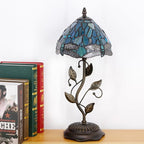 Small Tiffany Lamp Stained Glass Table Lamp Metal Leaf Accent Desk Memory Lamp Sympathy 8X20 Inch (Sea Blue Dragonfly Style)