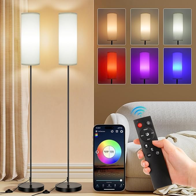 FRIDEKO HOME 2 Pack Floor Lamps for Living Room, Dimmable Colors Temperature & Brightness, Modern Floor Lamp with Remote, Tall Standing Lamps for Living Room Bedroom Office, White Shade 9W Smart Bulb