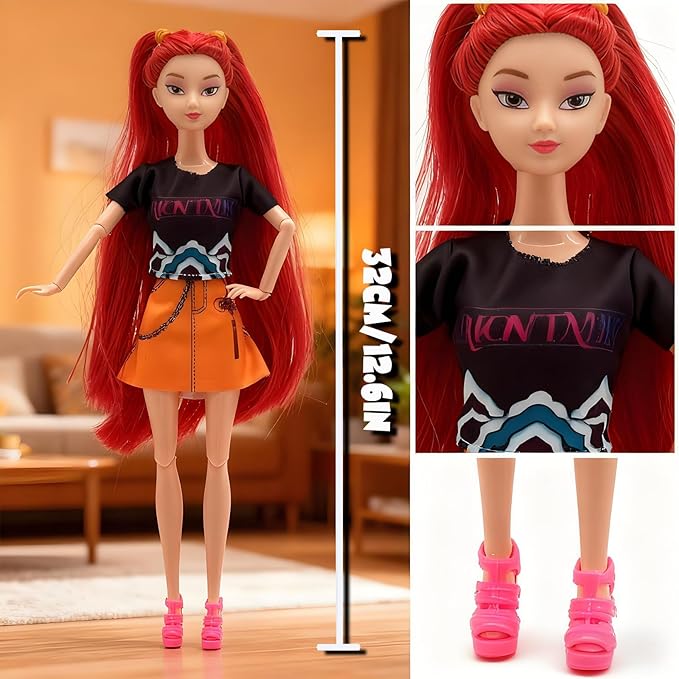 2025 New 11.5'' Demon Hunter Doll,Made to Move Demon Hunter Doll,Collectible Display Figure Dolls Set,Birthday Gifts for Kids Girls Fans (B-Red Hair)