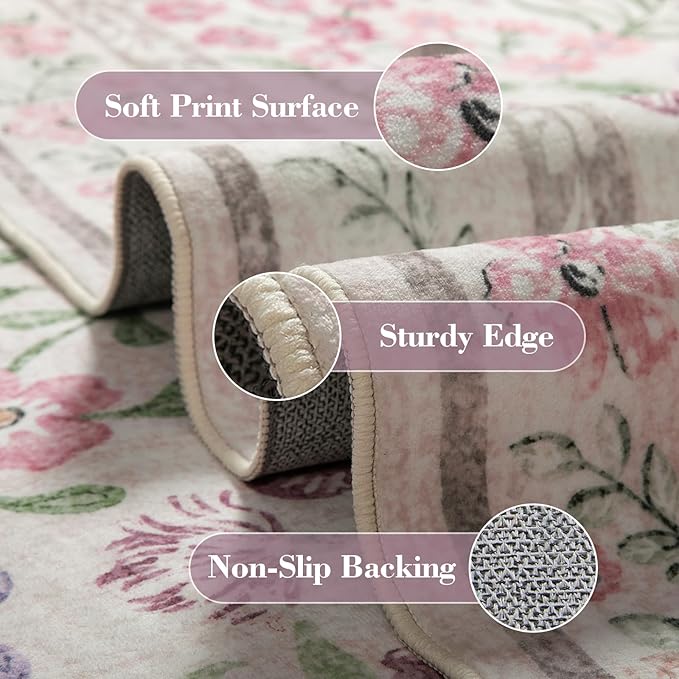 Wonnitar Purple Floral 8x10 Area Rugs, Washable Rug for Living Room, Soft Ultra-Thin Non-Shedding Large Indoor Boho Carpet for Bedroom Nursery Playroom Classroom Decor, Light Purple/Pink