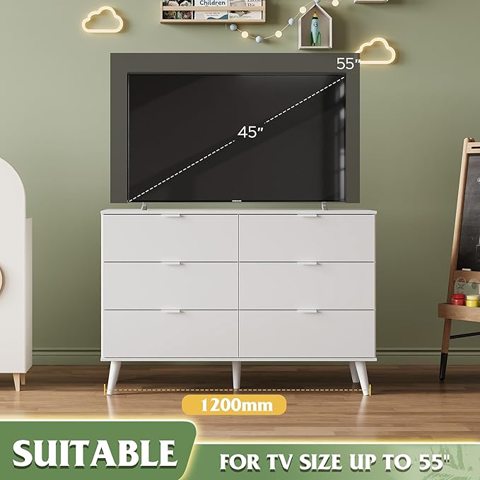 WLIVE 6 Drawer Dresser for Bedroom, 47.24'' Wide Wood White Dresser, Storage Organizer with Sturdy Metal Handle, TV Stand for 55 inch TV, Chest of Drawers for Living Room, Hallway, Closet