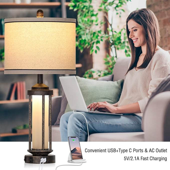 27" Industrial Farmhouse Table Lamp, Vintage Rustic Beside Lamp with USB A+C Charging Ports & AC Outlet, Modern Single Table Lamp with Frosted Glass Night Light for Bedrooms Nightstand Bronze