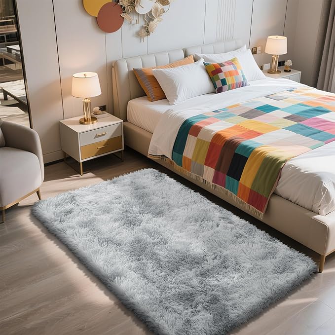 Shag Area Rug for Bedroom 3x5,Fluffy Area Rugs for Living Room,Soft Fuzzy Rug Non-Shedding Indoor Plush Carpet for Kids Bedroom Nursery Dorm Home Decor,Tie-Dyed Grey