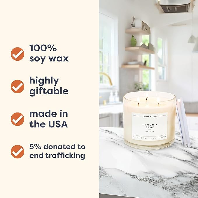 Calyan Wax Co. 3 Wick Candle, Lemon + Sage Scented Candle, 43 Hour Burn Time, 3 Wick Soy Candles, Non Toxic & Vegan Soy Wax, Glass Jar Scented Candles, 14.9oz