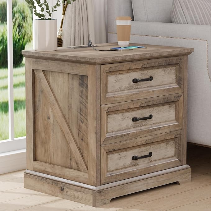 HOMMPA 24'' Farmhouse Nightstand with Charging Station, Bedside Tables with Storage, Side Table with USB Port, 3 Drawers End Table Dresser, Wood Night Stand for Bedroom, Living Room, Greige