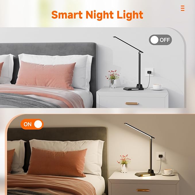 ShineTech LED Desk Lamp for Home Office, Dimmable Desk Light with USB C Charging, 25 Modes Brightness and Colors, Eye Caring Foldable Reading Light, Table Lamp for Study Nightstand