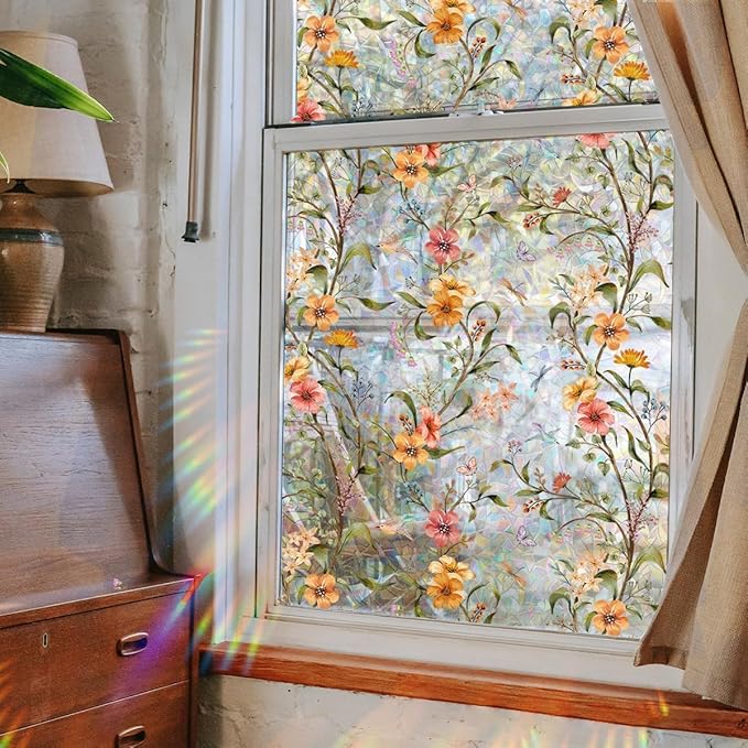 Stained Wildflower Window Film Decorative Flowers Static Glass Window Clings Stickers for Home Office Living Room Bedroom Glass Windows Door Decor 15.74 x 39.37 Inches