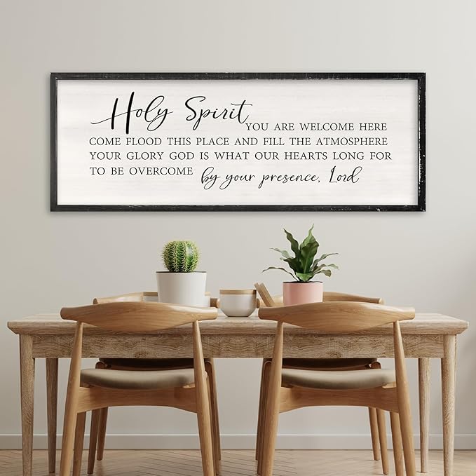Holy Spirit You are Welcome Here Wall Decor Art 32x12 Inch Large Christian Song Bible Verse Plaque Wood Framed Sign Living Room Scripture Quote Religious For Office Wall Hanging (Black)