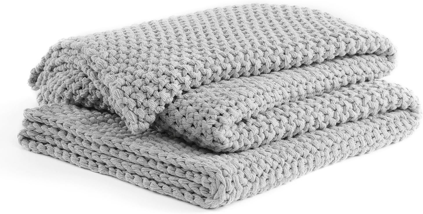 YnM Chunky Cotton Knit Throw Blanket, Cable Knit Throws for Bed Couch Sofa, Comfy & Relaxing, Decorative Piece for Farmhouse Modern Boho Rustic Scandinavian Chic Vibe, Quarry Grey 50x60 Inches