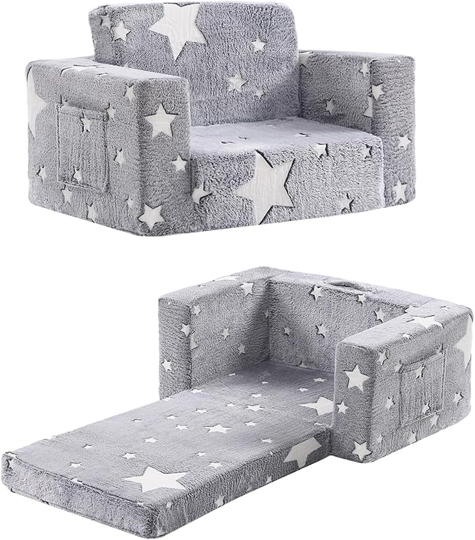 Toddler Chair Plush Kids Couch, 2-in-1 Comfy Armchair Removable and Washable Cover Carrying Handle, Convertible Reading Chair Toddler Couch for Girls and Boys, Glow in The Dark Grey Star