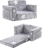 Toddler Chair Plush Kids Couch, 2-in-1 Comfy Armchair Removable and Washable Cover Carrying Handle, Convertible Reading Chair Toddler Couch for Girls and Boys, Glow in The Dark Grey Star