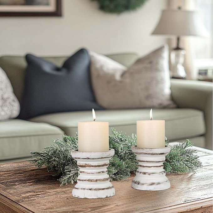 Candle Holder for Pillar Candle Set of 2, Farmhouse Wood Candle Holder, Rustic Wooden Candle Stand, Vintage Small Wooden Candlestick Holders for Living Room, Table Centerpiece, Rustic White