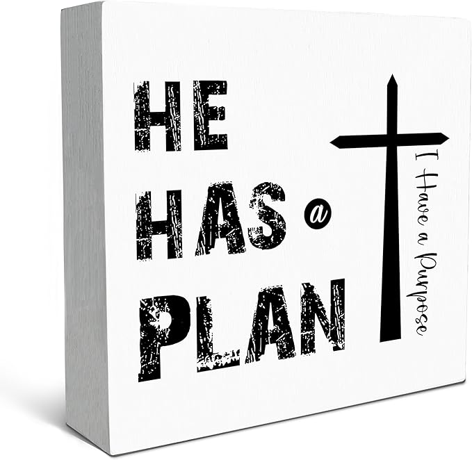 SRADMO He Has a Plan Jesus Wood Box Sign Desk Decor, Bible Verse Decor, Christian Theme Wooden Block Box Sign Decoration for Home Office Shelf Table Decors