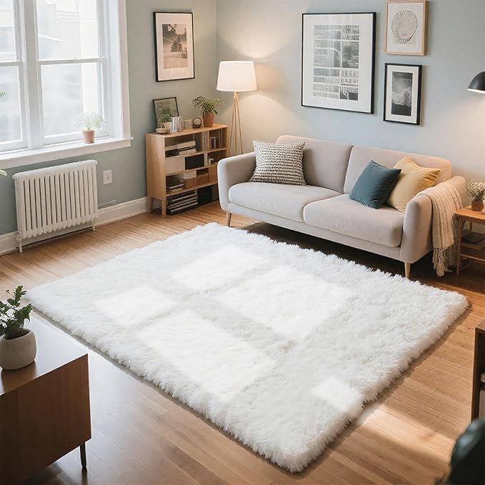 Fluffy Rug Shaggy Area Rug, White 6x9 Area Rugs for Living Room, Large Shag Area Rugs for Bedroom Kids Room Home Decor, Upgrade Anti-Skid Rectangular Fuzzy Rugs