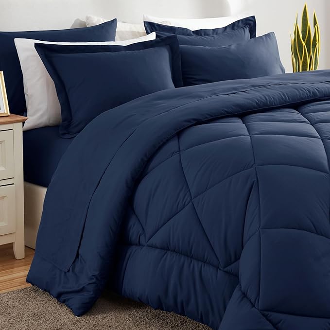 CozyLux King Size Comforter Set Navy Blue - 7 Pieces Bed in a Bag King, Luxury Soft Bed Set for All Seasons, Bedding Set with Down Alternative Comforter, Sheets, Pillowcases & Shams