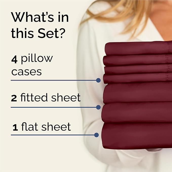 Split King Sheets Set 7 Piece - Includes 4 Pillowcases - Bed Sheets Split King - Soft Hotel Luxury Bedding - Cooling, Comfy & Breathable - 1 Flat & 2 Fitted & 4 Pillowcases w/ Deep Pockets - Burgundy
