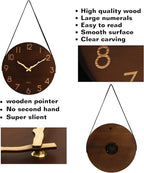 Kesin Wall Clock 12 Inch Silent Wooden Wall Clock Battery Operated Hand Made Retro Fashion Clock with Rope Hanging Decorative for Living Room Kitchen Bedroom Office