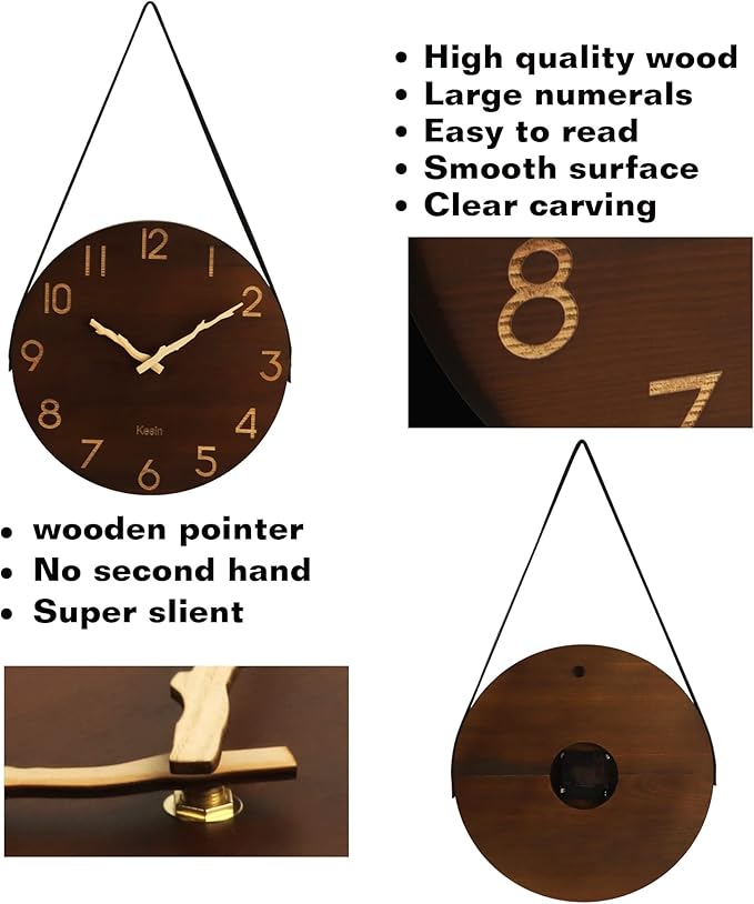 Kesin Wall Clock 12 Inch Silent Wooden Wall Clock Battery Operated Hand Made Retro Fashion Clock with Rope Hanging Decorative for Living Room Kitchen Bedroom Office