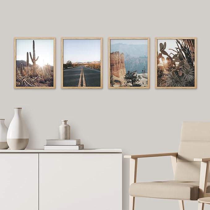 SIGNWIN Framed Cactus Desert Landscape Wall Art, Set of 4 Southwest Texas Arizona Saguaro Wall Decor Prints, Nature Wilderness Wall Décor for Living Room, Bedroom - 12"x16" Natural