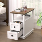 HIFYOBRO Narrow End Table with Flip Top Charging Station and 2 Drawers, Type-C & USB Port & Power outlets, Wooden Storage Cabinet, Side Table with Storage for Living Room and Bedroom (White)