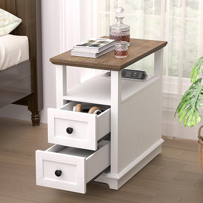 HIFYOBRO Narrow End Table with Flip Top Charging Station and 2 Drawers, Type-C & USB Port & Power outlets, Wooden Storage Cabinet, Side Table with Storage for Living Room and Bedroom (White)