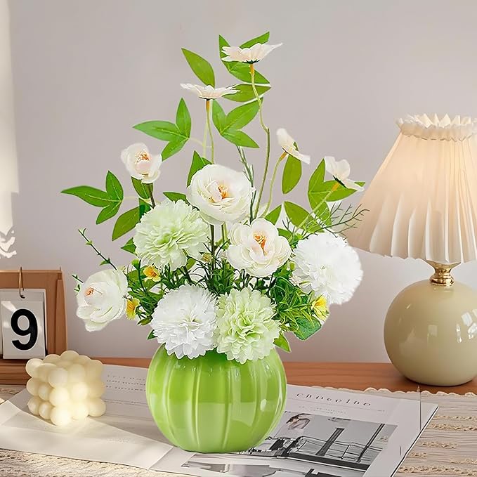 Artificial Flowers, Fake Flowers in Vase, Silk Flowers with Ceramic Vase, Faux Flowers Arrangement for Homes, Restaurants Decoration Dining Table Centerpiece Decor (Green)