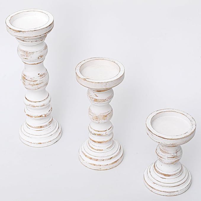 SWALLOWLIVING Rustic Farmhouse Wood Pillar Candle Holder Set of 3 for Candlestick, White