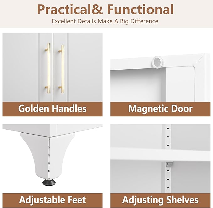 Kitchen Pantry Cabinet, 75" Tall Metal Pantry Cabinet with Two Drawers, Food Cupboards with Doors and Shelves, Freestanding Storage Cabinets for Dining, Living Room, White, Assemble Required