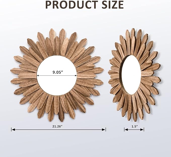 Honiway Mirror Wall Decor 21 inch Rustic Wood Boho Aesthetic Mirror for Room & Home Decor Farmhouse Wall Decor at Living Room Bedroom Carbonized Black