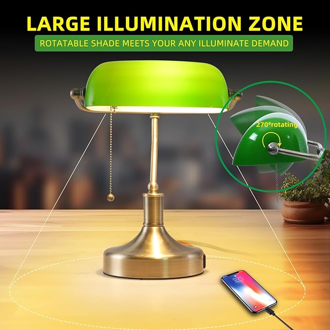 Banker Desk Lamp Green Glass, Antique Desk Lamps with Brass Base, Traditional Library Table Lamp with USB A and Type C Charging Port for Office, Study Room, Pull Chain Switch