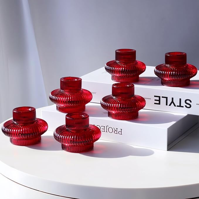 VOHO Vintage Red Candlestick Holders for Christmas Decorations, 6pcs Stackable Candle Stick Candle Holder for Valentines Day Decoration, Ribbed Taper Candle Holders for Candlesticks & Tea Lights