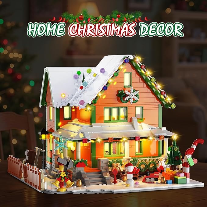 Christmas House Mini Building Set with Light, PLAXSOON 1961 PCS Holiday Snow Village Architecture Model Building Block with Santa Claus Sleigh, Xmas Display Toy Set for Adults Kids Boys Girls Ages 14+