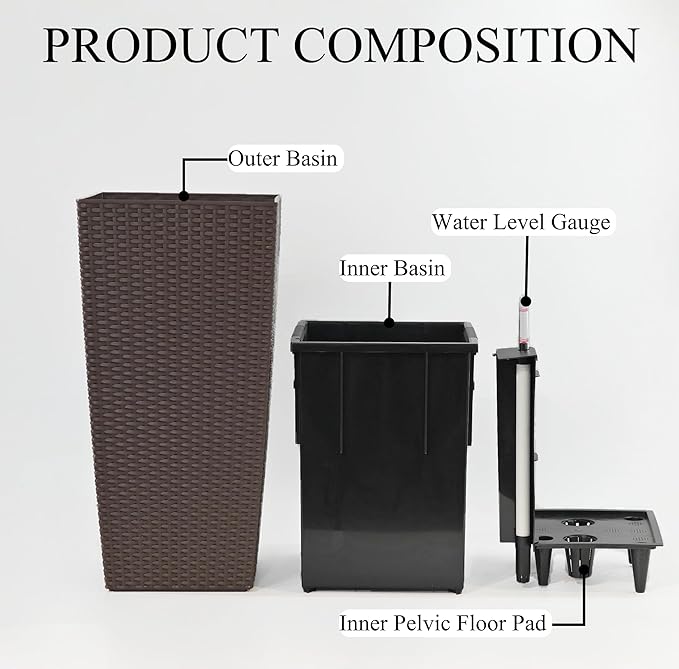 30in Tall Large Plant Pots Planter-Self-Watering Indoor/Outdoor Planting with Drain Holes, Water Level Monitor, Inner Bucket for Front Porch Patio, Brown Large