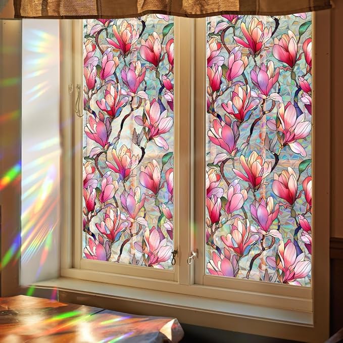 Window Film, Decorative Pink Magnolia Stained Static Glass Window Clings Stickers for Home Office Living Room Bedroom Glass Windows Door Decor 16.93 x 39.37 Inches