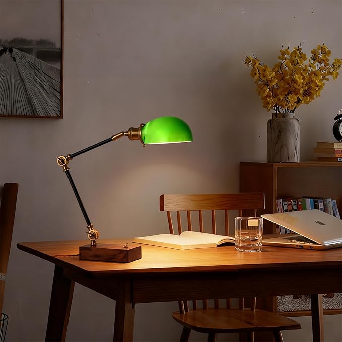 Bankers Lamp, Traditional Green Desk Lamp with Solid Ash Wood Base, Green Glass Antique Library Lamp with Power Cord Switch, Plug in Vintage Bankers Desk Lamp for Office, Study Room 【E26 Socket】