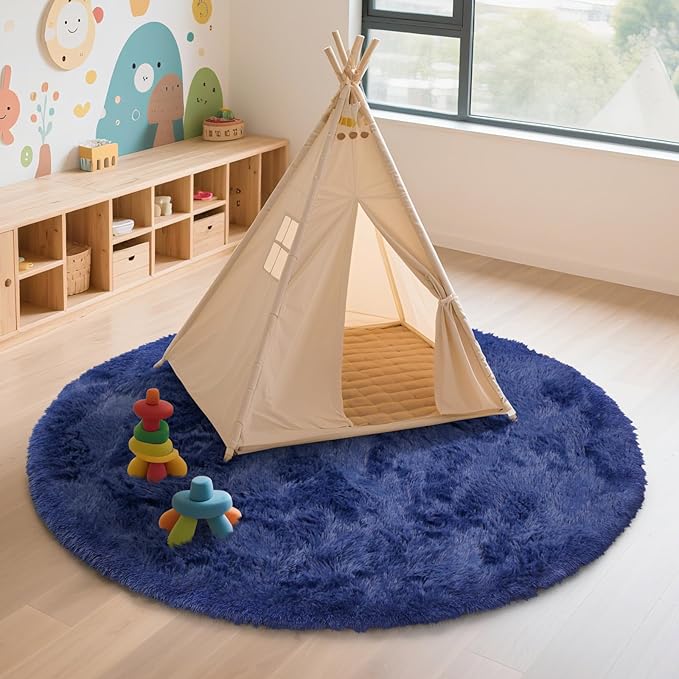 Blue Fluffy Round Area Rugs for Bedroom,4'X4'Shag Circle Area Rugs for Living Room,Non Slip Fuzzy Plush Rug for Kids Room Boys Girls Room and Dorm Home Decor Rug