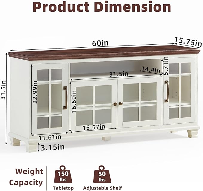 Large Sideboard Buffet Cabinet with Storage, Vintage White Farmhouse 60" Wide Credenza Accent Cabinets with Glass Doors & Wood Legs, Kitchen Coffee Bar Table for Dining Room, Living Room