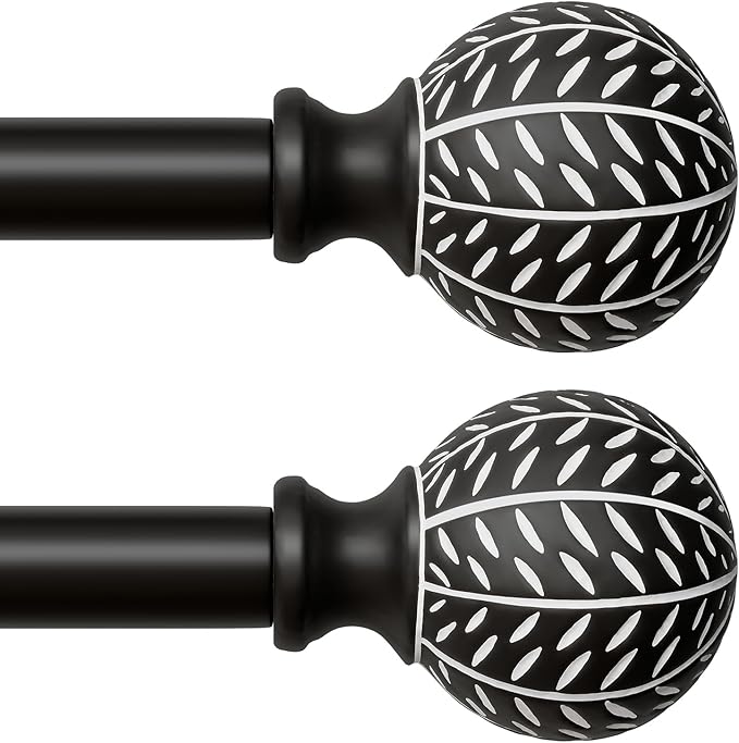 2 Pack Black Curtain Rods for Windows 28 to 48 Inch,1'' Diameter Drapery Rods with Leaf Pattern Finials,Decorative Adjustable Heavy Duty Curtain Rods Set,18-60''