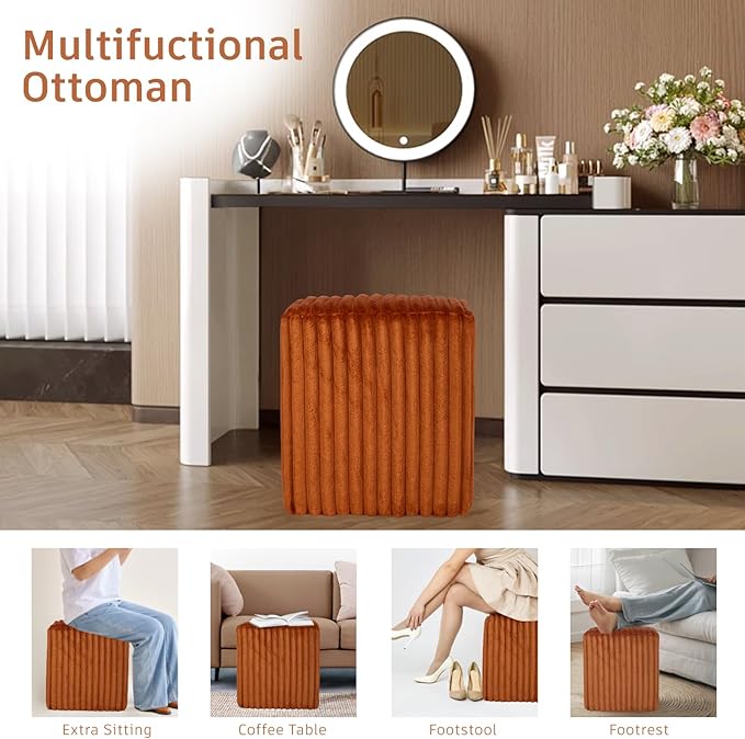 Modern Square Ottoman, Vertical Channel Tufted Foot Stool Ottoman, Velvet Upholstered Vanity Stool for Makeup, Bedroom, Living Room, Dark Orange